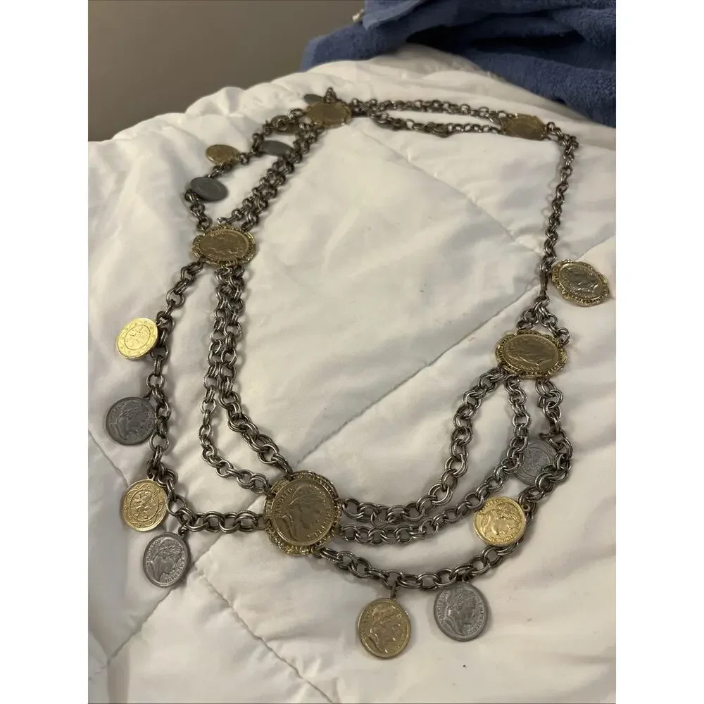 Vtg 1960s Napoleon III Coin Festoon Necklace Multi Strand Revival Runway Piece